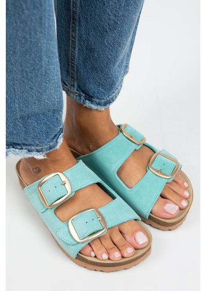 Irene Kadın Deri Çift Tokalı Mint Yeşili-Gold Terlik fırsatları