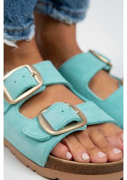 Irene Kadın Deri Çift Tokalı Mint Yeşili-Gold Terlik indirimleri