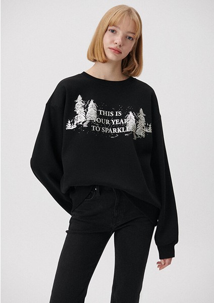 Yılbaşı Temalı Siyah Sweatshirt