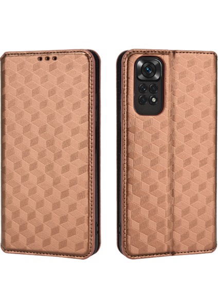 Xiaomi Için Redmi Note 11 4g (Qualcomm)/redmi Note 11S 4g Baskılı Rhombus Desen Flip Cüzdan Kılıfı Manyetik Adsorpsiyon Stand Yumuşak Tpu Iç Pu Deri Koruyucu Telefon Kapak-Kahverengi (Yurt Dışından)