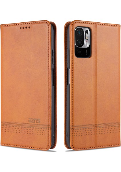 Xiaomi Redmi Için Not 10 5g/not 10T 5g/poco M3 Pro 5g/4g Deri Telefon Kasası Otomatik Emilen Manyetik Cüzdan Standı Kapak Kahverengi (Yurt Dışından)