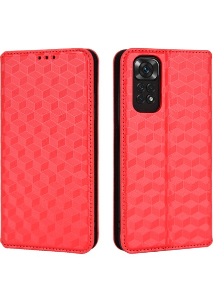 Xiaomi Için Redmi Note 11 4g (Qualcomm)/redmi Not 11S 4g Baskılı Rhombus Desen Flip Cüzdan Kılıfı Manyetik Adsorpsiyon Stand Yumuşak Tpu Iç Pu Deri Koruyucu Telefon Kapak-Kırmızı (Yurt Dışından)
