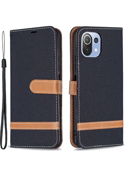 Jeans Kumaş Kaplamalı Ekleme Standı Cüzdan Deri Telefon Kapağı Xiaomi Mi 11 Lite 4g/5g/11 Lite 5g Ne-Black (Yurt Dışından)