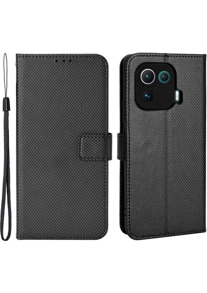 Xiaomi Mi 11 Pro Diamond Doku Telefon Kılıfı Pu Deri Stand Cüzdan Folio Tpu Iç Koruyucu Kapak Strap-Black (Yurt Dışından)