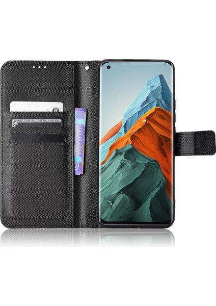 Xiaomi Mi 11 Pro Diamond Doku Telefon Kılıfı Pu Deri Stand Cüzdan Folio Tpu Iç Koruyucu Kapak Strap-Black (Yurt Dışından)