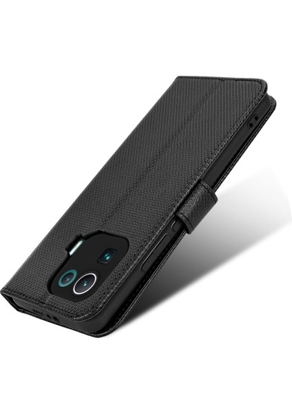 Xiaomi Mi 11 Pro Diamond Doku Telefon Kılıfı Pu Deri Stand Cüzdan Folio Tpu Iç Koruyucu Kapak Strap-Black (Yurt Dışından)