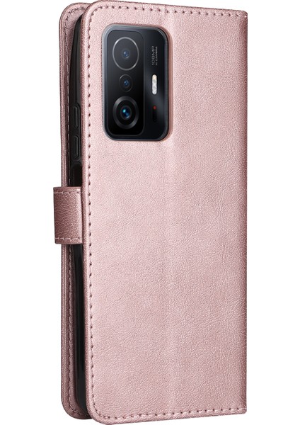 Stand Cüzdan Düz Renkli Pu Deri Telefon Flip Kapak Kasası Xiaomi Için Bilek Kayışı ile 11T/11T Pro-Rose Altın (Yurt Dışından)