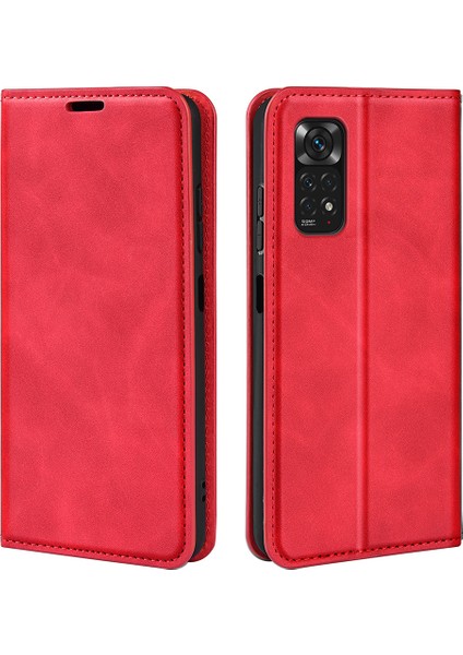 Xiaomi Için Redmi Note 11 4g (Qualcomm)/redmi Note 11S 4g Cilt Dokunuşu Pu Deri Telefon Kasası Flip Cüzdan Manyetik Otomatik Emici Stand Kapak Kırmızısı (Yurt Dışından)