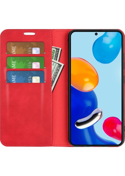 Xiaomi Için Redmi Note 11 4g (Qualcomm)/redmi Note 11S 4g Cilt Dokunuşu Pu Deri Telefon Kasası Flip Cüzdan Manyetik Otomatik Emici Stand Kapak Kırmızısı (Yurt Dışından) fırsatları