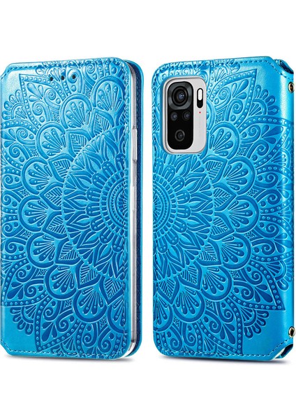 Basılı Mandala Çiçek Deseni Otomatik Absorlanmış Pu Deri Kılıf Stand Stand Cüzdanı Xiaomi Redmi Note 10 4g/redmi Not 10S/POCO M5S 4g-Dark Mavi (Yurt Dışından)
