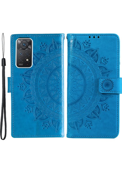 Xiaomi Redmi Not Not Not 12 Pro 4g/11 Pro 4g (Mediatek)/redmi Note 11 Pro 5g (Qualcomm) Pu Deri+Iç Tpu Kapak Stand Stand Mandala Çiçek Flip Cüzdan Kılıfı Kayış Mavisi (Yurt Dışından)