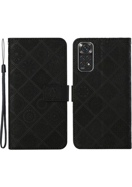 Etnik Stil Çiçek Xiaomi Redmi Için Pu Deri Kılıf Not 11 4g (Qualcomm)/not 11S 4g, Stand Cüzdan Telefon Kapağı+Kayış-Black (Yurt Dışından)