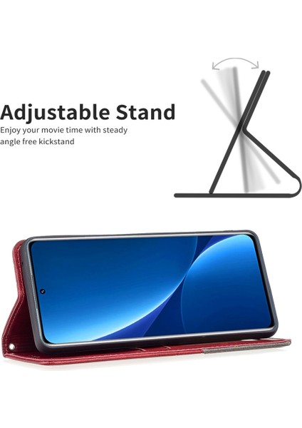 Xiaomi 12 Pro 5G/12S Pro 5g/12 Pro (Boyut) 5g Manyetik Emilim Standı Folyo Kapak Rhombus Benzeri Baskılı Pu Deri Iç Tpu Telefon Kası-Kırmızı (Yurt Dışından)