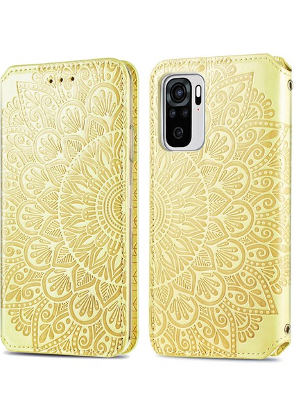 Basılı Mandala Çiçek Deseni Otomatik Absorlanmış Pu Deri Kılıf Stand Stand Cüzdanı Xiaomi Redmi Note 10 4g/redmi Not 10S/POCO M5S 4g-Gold (Yurt Dışından)