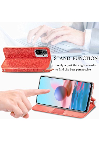Basılı Mandala Çiçek Deseni Otomatik Absorlanmış Pu Deri Kılıf Stand Stand Cüzdanı Xiaomi Redmi Note 10 4g/redmi Not 10S/POCO M5S 4g-Red (Yurt Dışından) modelleri