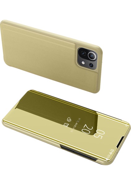Kaplamalı Ayna Yüzey Folio Flip Deri Deri Stand Kılıfı Xiaomi Mi 11 Lite 4g/5g/11 Lite 5g Ne-Gold Için (Yurt Dışından)