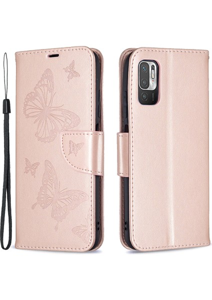 Baskı Kelebek Deri Deri Şok Geçirmez Koruyucu Folio Folio Cüzdan Kılıfı Xiaomi Redmi Not 10 5g /poco M3 Pro 5g /4g-Gold (Yurt Dışından)