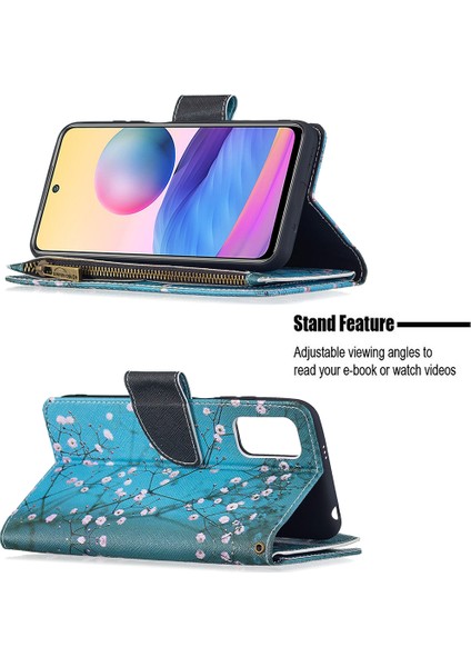 Stand Özellik Deseni Baskı Fermuar Cüzdanı Kitaplık Manyetik Flip Kılıf Kapağı Xiaomi Redmi Için Bilek Kayışı ile Not 10 5g/poco M3 Pro 5g/4g-Plum Blossom (Yurt Dışından)