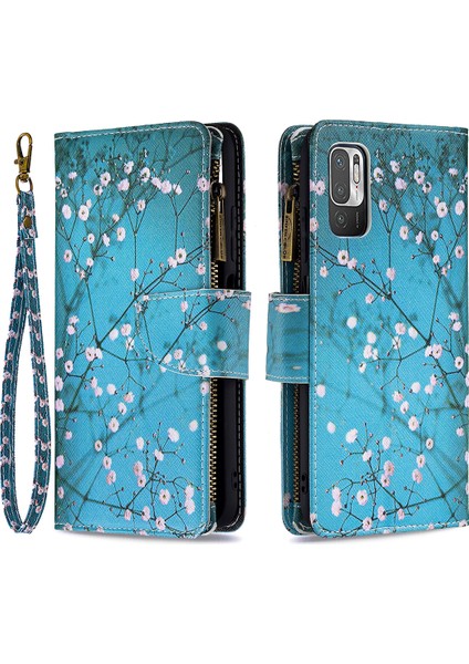 Stand Özellik Deseni Baskı Fermuar Cüzdanı Kitaplık Manyetik Flip Kılıf Kapağı Xiaomi Redmi Için Bilek Kayışı ile Not 10 5g/poco M3 Pro 5g/4g-Plum Blossom (Yurt Dışından)