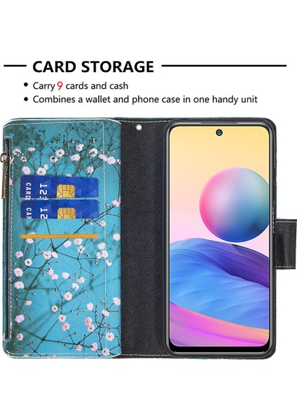 Stand Özellik Deseni Baskı Fermuar Cüzdanı Kitaplık Manyetik Flip Kılıf Kapağı Xiaomi Redmi Için Bilek Kayışı ile Not 10 5g/poco M3 Pro 5g/4g-Plum Blossom (Yurt Dışından)