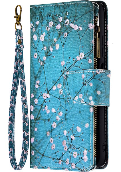 Stand Özellik Deseni Baskı Fermuar Cüzdanı Kitaplık Manyetik Flip Kılıf Kapağı Xiaomi Redmi Için Bilek Kayışı ile Not 10 5g/poco M3 Pro 5g/4g-Plum Blossom (Yurt Dışından)