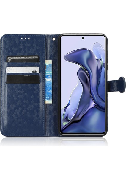 Xiaomi 11T 5G/11T Pro 5g Pu Deri Flip Telefon Kapağı Dot Desen Desen Basılı Cüzdan Stand Manyetik Telefon Kılıfı Strap-Dark Mavi (Yurt Dışından)