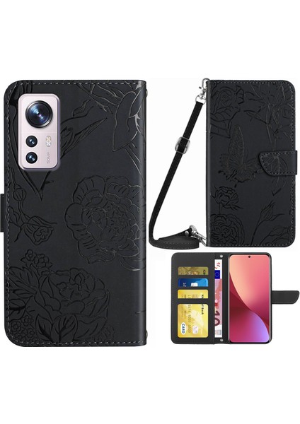 Xiaomi 12/12X/12S Için 5g Pu Deri Baskılı Kelebek Çiçek Manyetik Telefon Kılıf Omuz Kayışı Stand Cüzdan Yumuşak Tpu Kitap Kapak Black (Yurt Dışından)