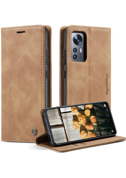 Xiaomi 12 5G/12X 5G/12S 5g Için Ön Çizgiye Telefon Kasası Kabuğu, Otomatik Absorbed Pu Deri Cüzdan Katlanabilir Stand Telefon Kapak-Kahverengi (Yurt Dışından)