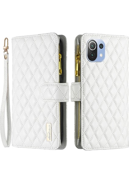 Xiaomi Mi Için Cep Telefonu Kabuğu 11 Lite 4g/5g/11 Lite 5g Ne, Baskılı Rhombus Desen Folio Flip Case, Fermuar Cep Stand Mat Pu Deri Cüzdan Kapak-Beyaz (Yurt Dışından)