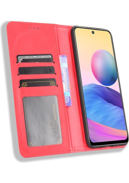 Manyetik Kapanma Vintage Stil Telefon Kılıfı Cüzdan Stand Deri Kapak Xiaomi Redmi Note 10 5g/poco M3 Pro 5g/4g-Kırmızı (Yurt Dışından)