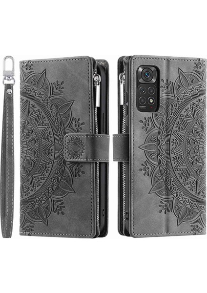 Xiaomi Redmi Için Note 12 Pro 4g/11 Pro 4g (Mediatek)/note 11 Pro 5g (Qualcomm) Mandala Çiçeği Baskılı Pu Deri Telefon Kapağı Stand Çok Kart Yuvası Zipper Cep Cüzdan Grey (Yurt Dışından)