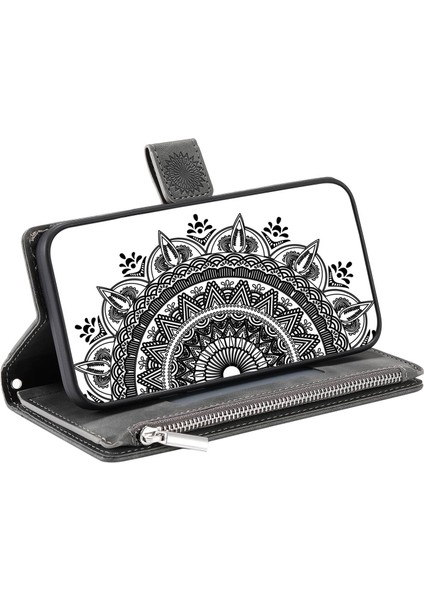 Xiaomi Redmi Için Note 12 Pro 4g/11 Pro 4g (Mediatek)/note 11 Pro 5g (Qualcomm) Mandala Çiçeği Baskılı Pu Deri Telefon Kapağı Stand Çok Kart Yuvası Zipper Cep Cüzdan Grey (Yurt Dışından) modelleri