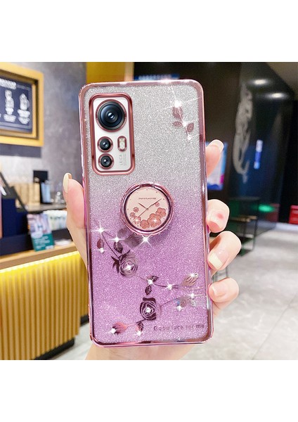 Xiaomi 12X 5g/12 5G/12S Için 5g Gradyan Pırıltılı Telefon Kılıfı Çiçek Desen Rhinestone Dekor Yüzüğü Kickstand Anti-Cratch Tpu Telefon Geri Geri Kapak Çizgisi Altın (Yurt Dışından)