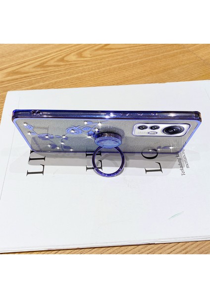 Xiaomi 12X 5g/12 5G/12S Için 5g Gradyan Pırıltılı Telefon Kılıfı Çiçek Desen Rhinestone Dekor Yüzüğü Kickstand Anti-Cratch Tpu Telefon Geri Geri Kapak Çizgisi Altın (Yurt Dışından) modelleri