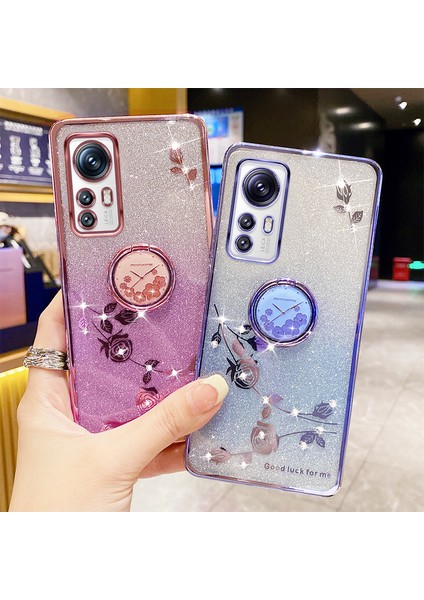 Xiaomi 12X 5g/12 5G/12S Için 5g Gradyan Pırıltılı Telefon Kılıfı Çiçek Desen Rhinestone Dekor Yüzüğü Kickstand Anti-Cratch Tpu Telefon Geri Geri Kapak Çizgisi Altın (Yurt Dışından) indirimleri