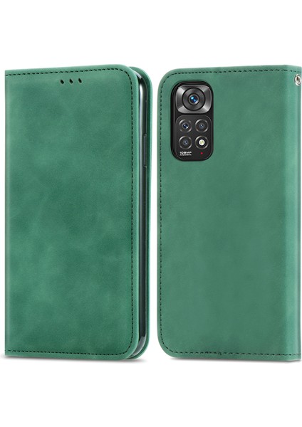 Xiaomi Için Redmi Note 11S 4g 2022 (Mediatek Helio G96) Cilt Dokunuşma His Pu Deri Retro Kasa Kartı Yuvaları Manyetik Emilim Standı Flip Kapak Yeşili (Yurt Dışından)