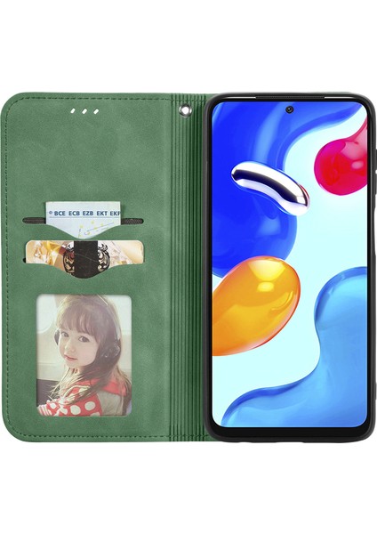 Xiaomi Için Redmi Note 11S 4g 2022 (Mediatek Helio G96) Cilt Dokunuşma His Pu Deri Retro Kasa Kartı Yuvaları Manyetik Emilim Standı Flip Kapak Yeşili (Yurt Dışından)