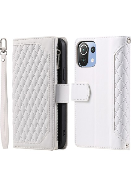 Xiaomi Mi 11 Lite 4g/5g/5g Ne, Rhombus Doku Pu Deri Fermuarı Cep Telefon Kılıfı Şok Geçirmez Cüzdan Kapak Görüntüleme Stand Strap-White (Yurt Dışından)