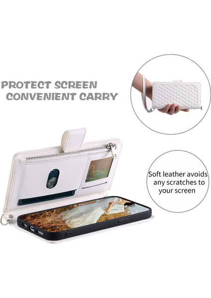 Xiaomi Mi 11 Lite 4g/5g/5g Ne, Rhombus Doku Pu Deri Fermuarı Cep Telefon Kılıfı Şok Geçirmez Cüzdan Kapak Görüntüleme Stand Strap-White (Yurt Dışından)