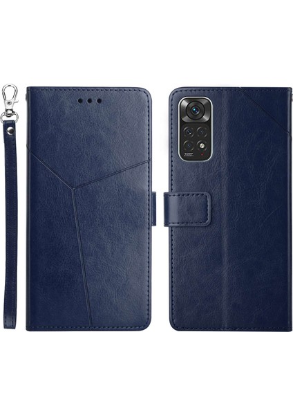 Xiaomi Için Redmi Note 11 4g (Qualcomm)/redmi Note 11S 4g Pu Deri Baskılı Y Şeklinde Çizgiler Kapak Stand Stand Cüzdan Strap-Mavi ile Her Şey Dahil Koruyucu Kılıf (Yurt Dışından)