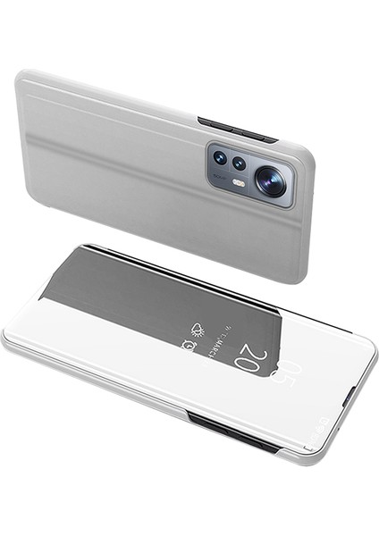 Xiaomi 12 5G/12X 5G/12S 5g Ayna Tasarım Penceresi Bakış Penceresi Koruyucu Kapak Elektraplakalı Kaplama Pu Deri Deri Şok Geçirmez Kılıf Silver (Yurt Dışından)