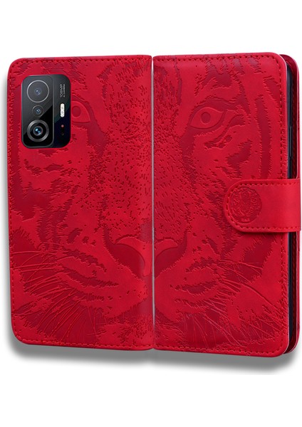 Basılı Tiger Desen Şok Geçirmez Pu Deri ve Tpu Telefon Flip Case Cüzdan Stand Kapağı Xiaomi 11T Pro/xiaomi 11T-RED (Yurt Dışından)