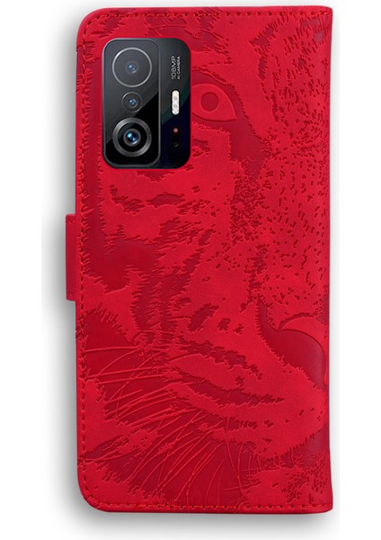 Basılı Tiger Desen Şok Geçirmez Pu Deri ve Tpu Telefon Flip Case Cüzdan Stand Kapağı Xiaomi 11T Pro/xiaomi 11T-RED (Yurt Dışından)