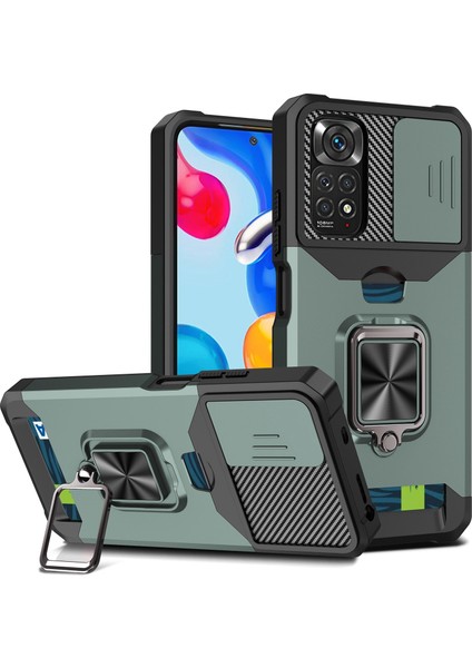 Xiaomi Için Redmi Note 11 4g (Qualcomm)/redmi Note 11S 4g Iyi Korumalı Pc+Tpu Kamera Kaydırıcı Anti-Güz Anti Kart Yuvası+Metal Kickstand Tasarım Kılıfı Kabuk-Blackish Green (Yurt Dışından)