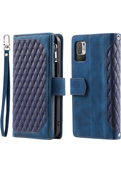 Xiaomi Için Poco M3 Pro 4g/5g/redmi Not 10T 5g/not 10 5g Rhombus Doku Cüzdan Stand Deri Telefon Kılıfı Zipper Cep ve Bilek Kayış Mavisi (Yurt Dışından)