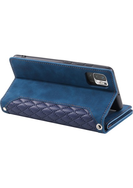 Xiaomi Için Poco M3 Pro 4g/5g/redmi Not 10T 5g/not 10 5g Rhombus Doku Cüzdan Stand Deri Telefon Kılıfı Zipper Cep ve Bilek Kayış Mavisi (Yurt Dışından)