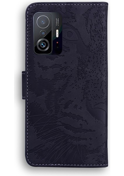 Baskılı Tiger Desen Şok Geçirmez Pu Deri ve Tpu Telefon Flip Case Cüzdan Stand Kapağı Xiaomi 11T Pro/xiaomi 11T-BLACK (Yurt Dışından)