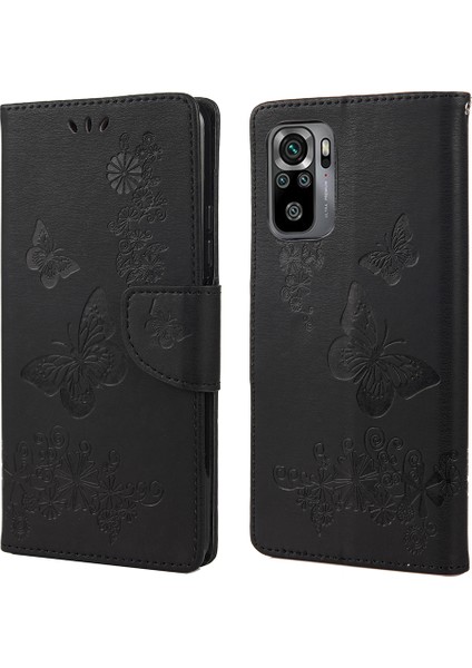 Baskılı Kelebekler Çiçek Deri Cüzdanı Xiaomi Redmi Için Stand Kılıfı Not 10 4g/not 10S/POCO M5S 4g-Black (Yurt Dışından)