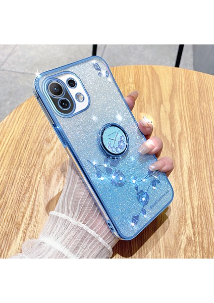 Xiaomi Mi 11 Lite 4g/5g/11 Lite 5g Ne Kıckstand Telefon Kılıfı Rhinestone Çiçek Tpu Cover-Blue (Yurt Dışından)