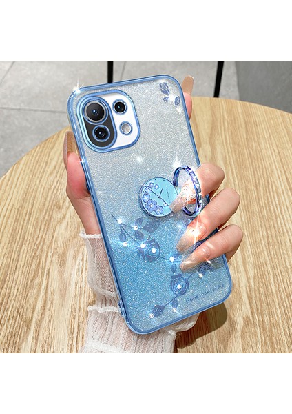 Xiaomi Mi 11 Lite 4g/5g/11 Lite 5g Ne Kıckstand Telefon Kılıfı Rhinestone Çiçek Tpu Cover-Blue (Yurt Dışından)